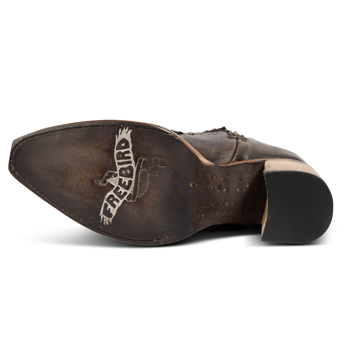 Leather sole imprinted with FREEBIRD on women's Jetson black heeled bootie