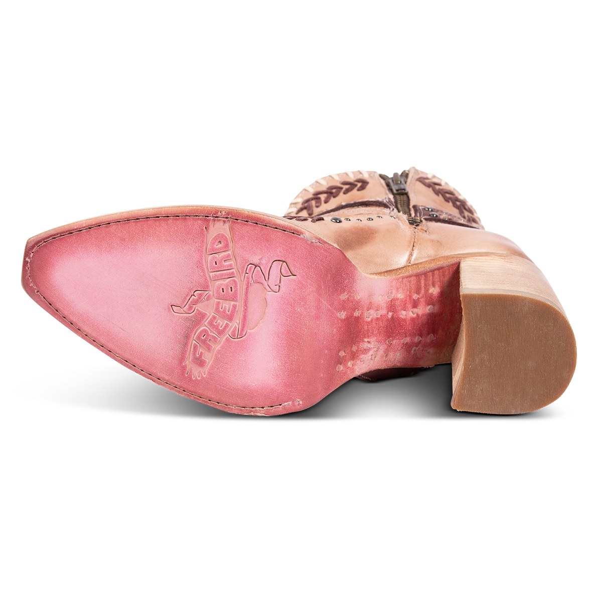 Leather sole imprinted with FREEBIRD on women's Jetson blush heeled bootie