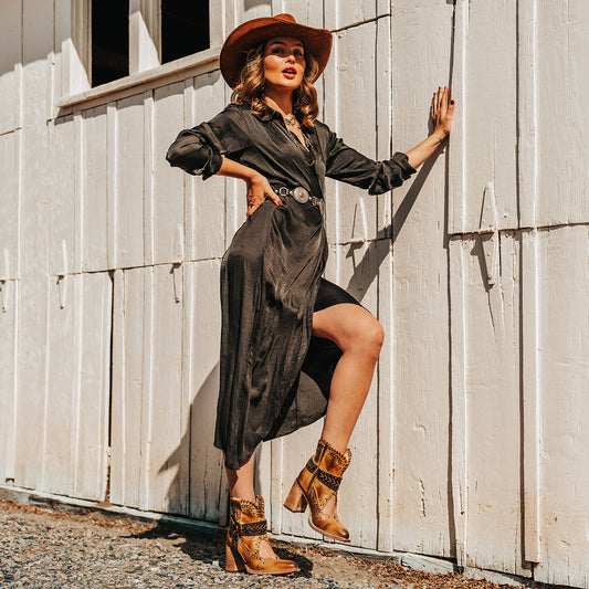 FREEBIRD women's Jetson tan western heeled bootie with vintage-inspired detailing and instep cutout lifestyle image