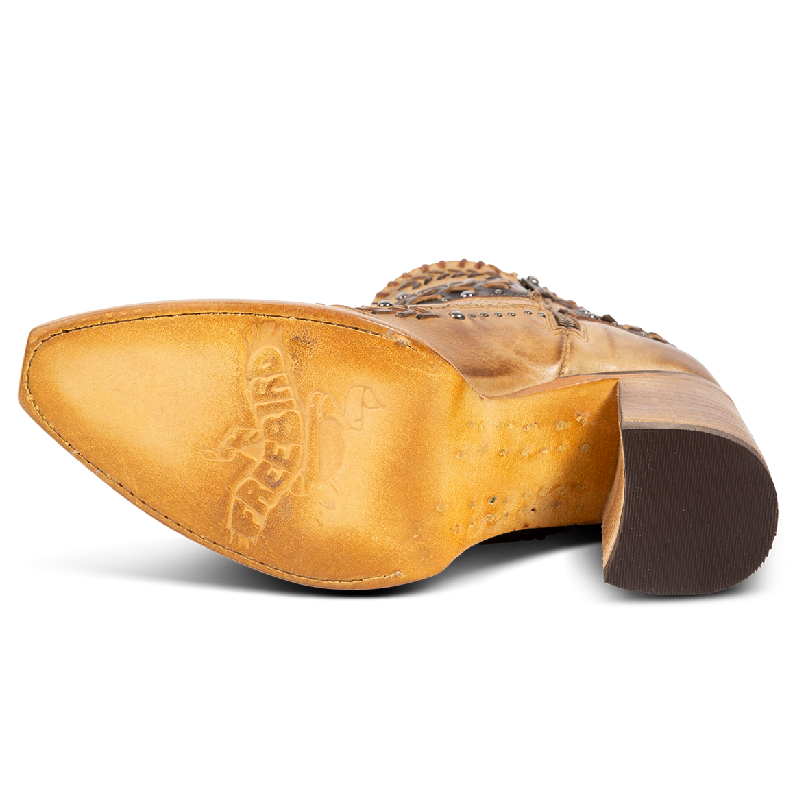 Leather sole imprinted with FREEBIRD on women's Jetson tan heeled bootie