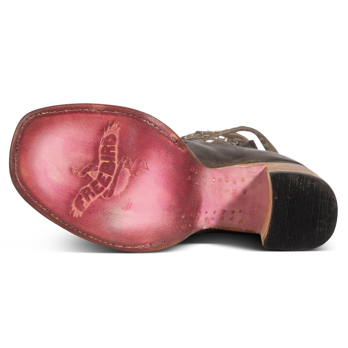 Leather sole imprinted with FREEBIRD on women's Jett black leather sandal