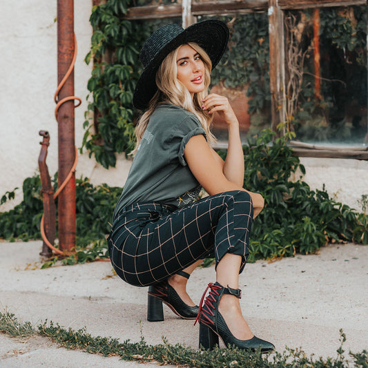 FREEBIRD women's Jillian black croco pointed toe open construction heeled shoe with detailed back lacing and adjustable ankle strap lifestyle image
