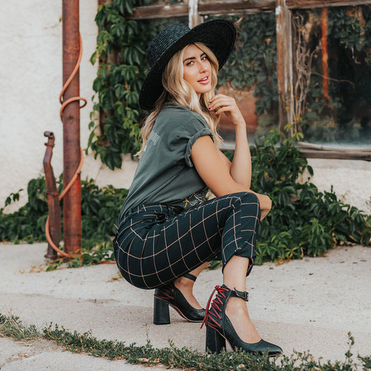 FREEBIRD women's Jillian black croco pointed toe open construction heeled shoe with detailed back lacing and adjustable ankle strap lifestyle image