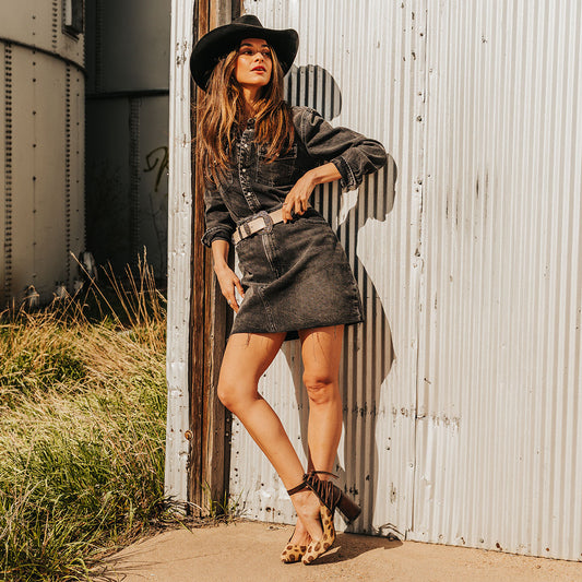 FREEBIRD women's Jillian leopard pointed toe open construction heeled shoe with detailed back lacing and adjustable ankle strap lifestyle image