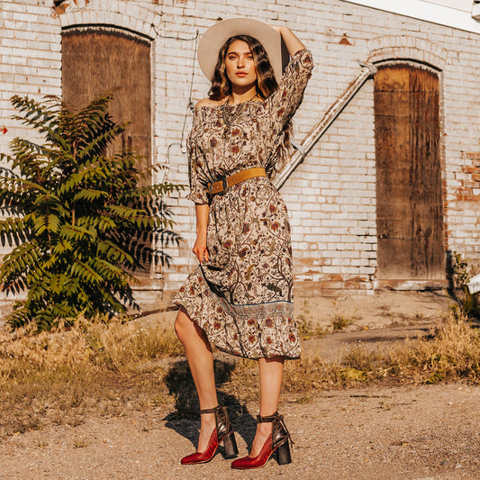 FREEBIRD women's Jillian red croco pointed toe open construction heeled shoe with detailed back lacing and adjustable ankle strap