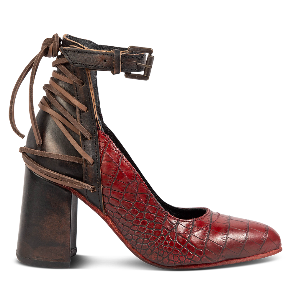 FREEBIRD women's Jillian red croco pointed toe open construction heeled shoe with detailed back lacing and adjustable ankle strap