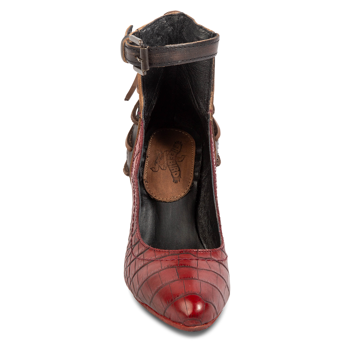 Front view showing open construction and pointed toe with adjustable leather ankle strap on FREEBIRD women's Jillian red croco heeled shoe