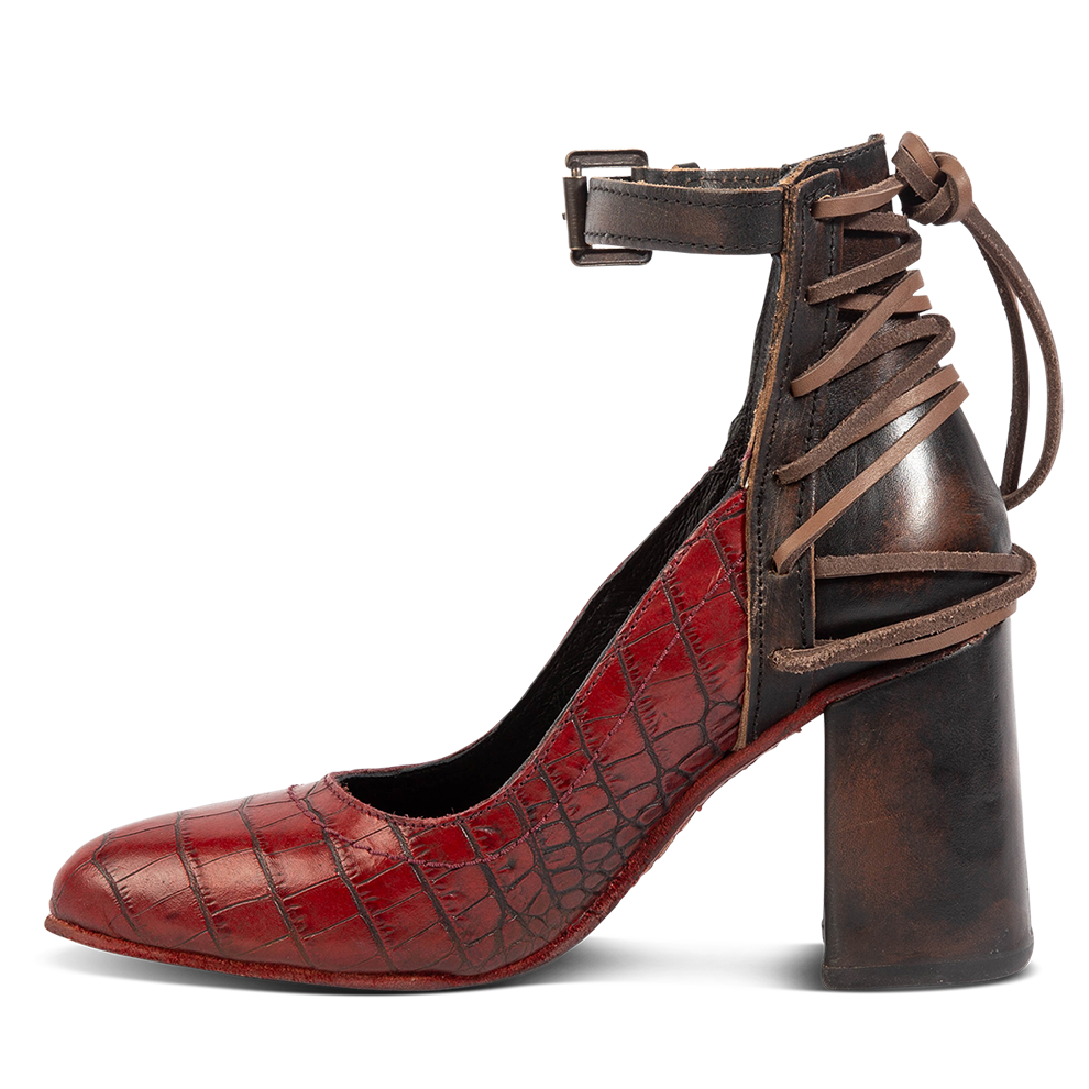 Inside view showing leather wrapped heel and brown leather lacing on FREEBIRD women's Jillian red croco heeled shoe