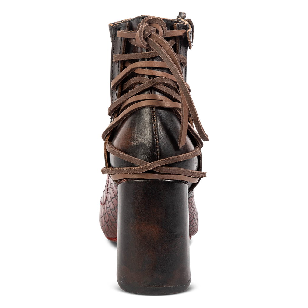 Back view showing brown leather lacing and leather wrapped heel on FREEBIRD women's Jillian red croco shoe