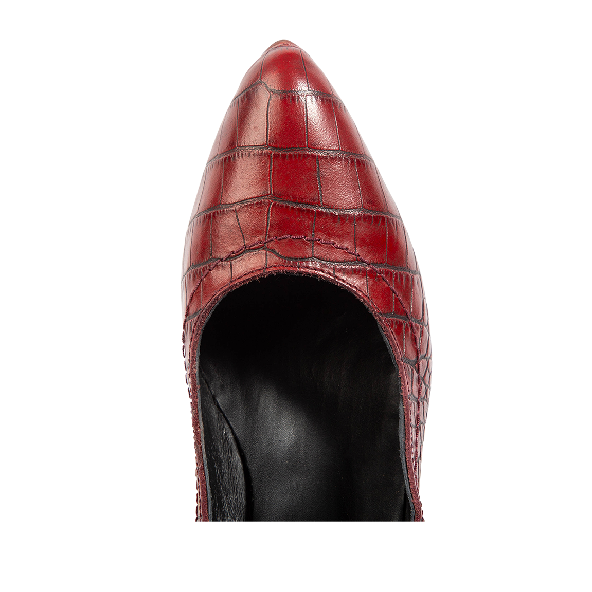 Top view showing pointed toe construction on FREEBIRD women's Jillian red croco heeled shoe