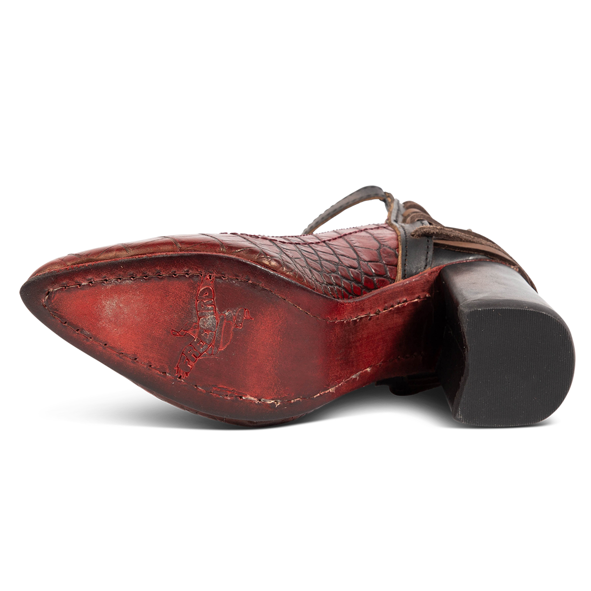Red leather sole imprinted with FREEBIRD on women's Jillian red croco heeled shoe