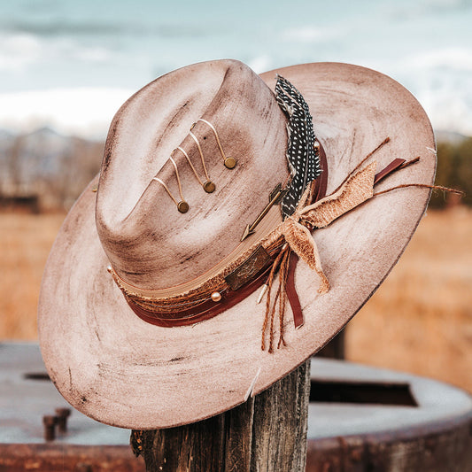 FREEBIRD Jonny grey wool hat with a flat brim construction, tear pinch crown and brim decor lifestyle
