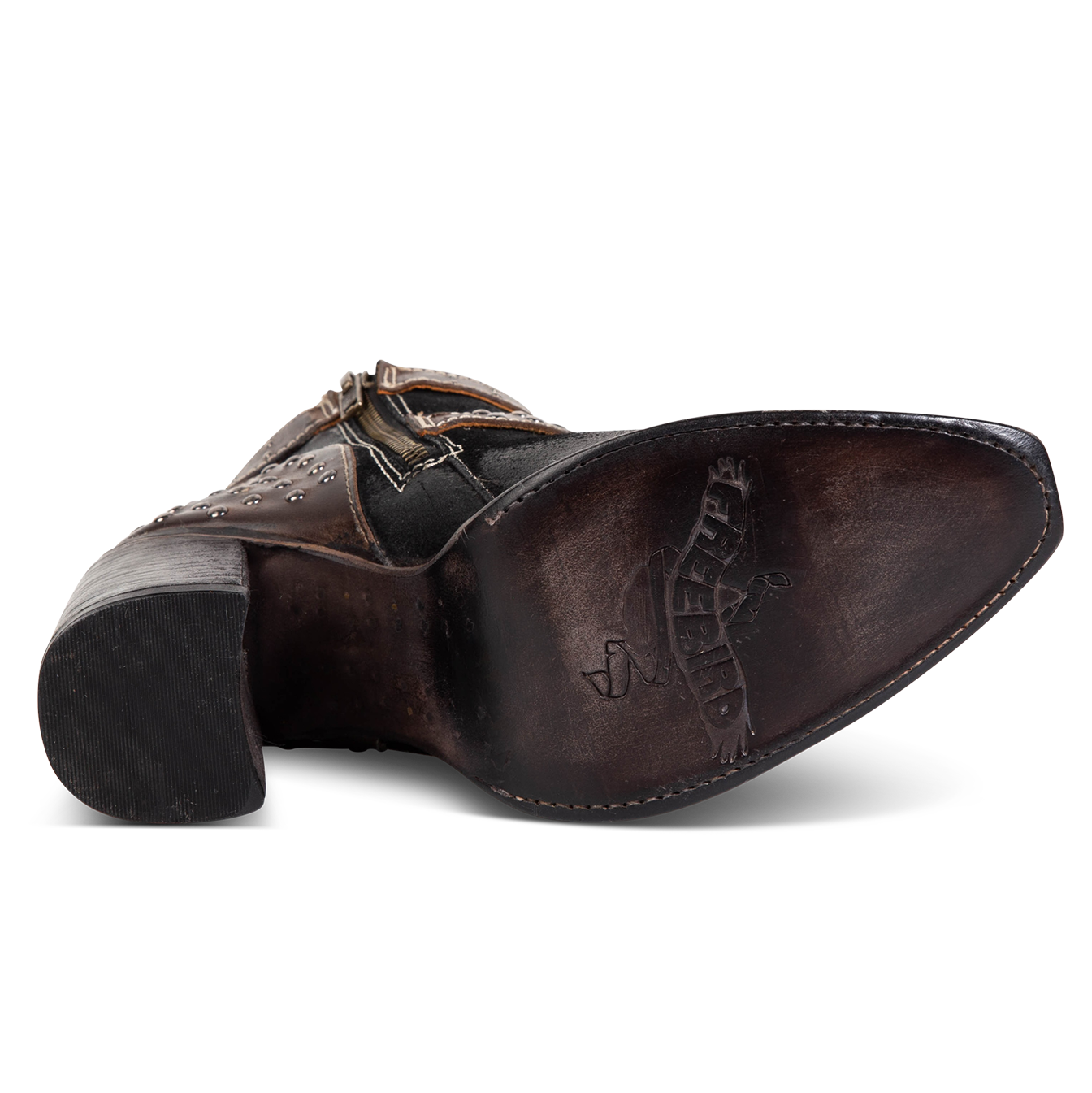 Black leather sole imprinted with FREEBIRD on women's Jovi black suede bootie