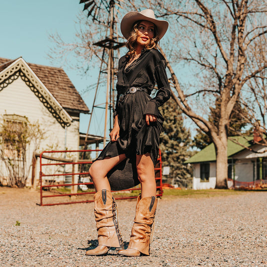 FREEBIRD women's Jules beige leather high flare heel western boot with stitch detailing and back lacing lifestyle image