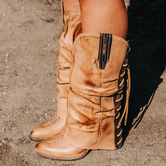 FREEBIRD women's Jules beige leather high flare heel western boot with stitch detailing and back lacing