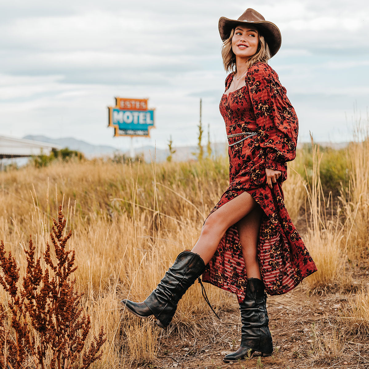 FREEBIRD women's Jules black leather high flare heel western boot with stitch detailing and back lacing lifestyle