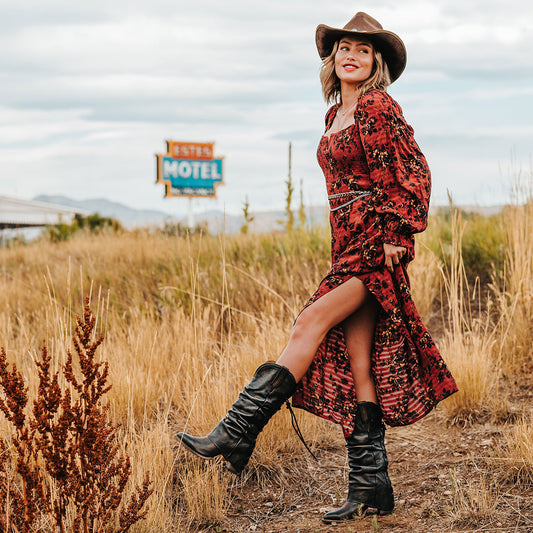 FREEBIRD women's Jules black leather high flare heel western boot with stitch detailing and back lacing lifestyle