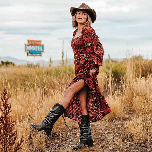 FREEBIRD women's Jules black leather high flare heel western boot with stitch detailing and back lacing lifestyle image