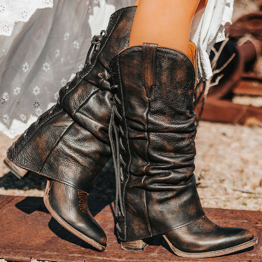 FREEBIRD women's Jules black leather high flare heel western boot with stitch detailing and back lacing