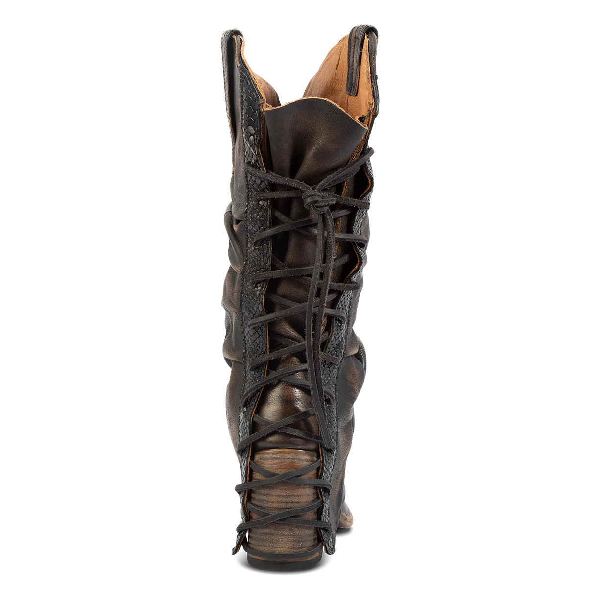 Back view showing leather lacing panel on FREEBIRD women's Jules black leather high flare heel western boot