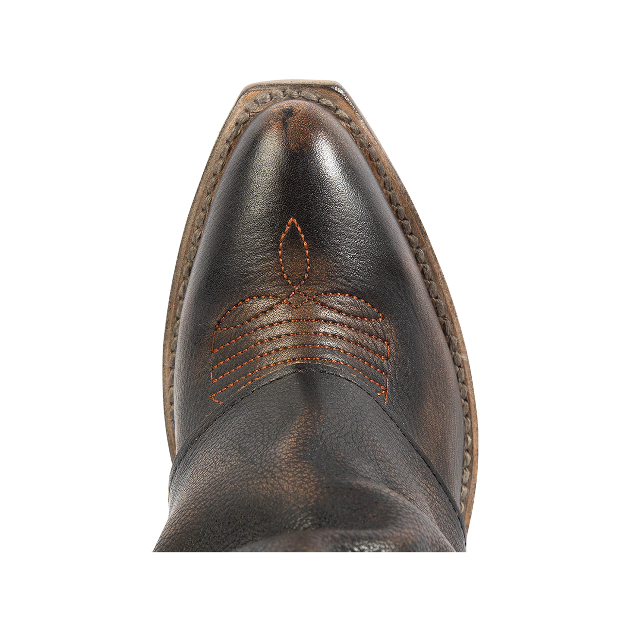 Top view showing pointed toe with decorative stitching on FREEBIRD women's Jules black leather high flare heel western boot