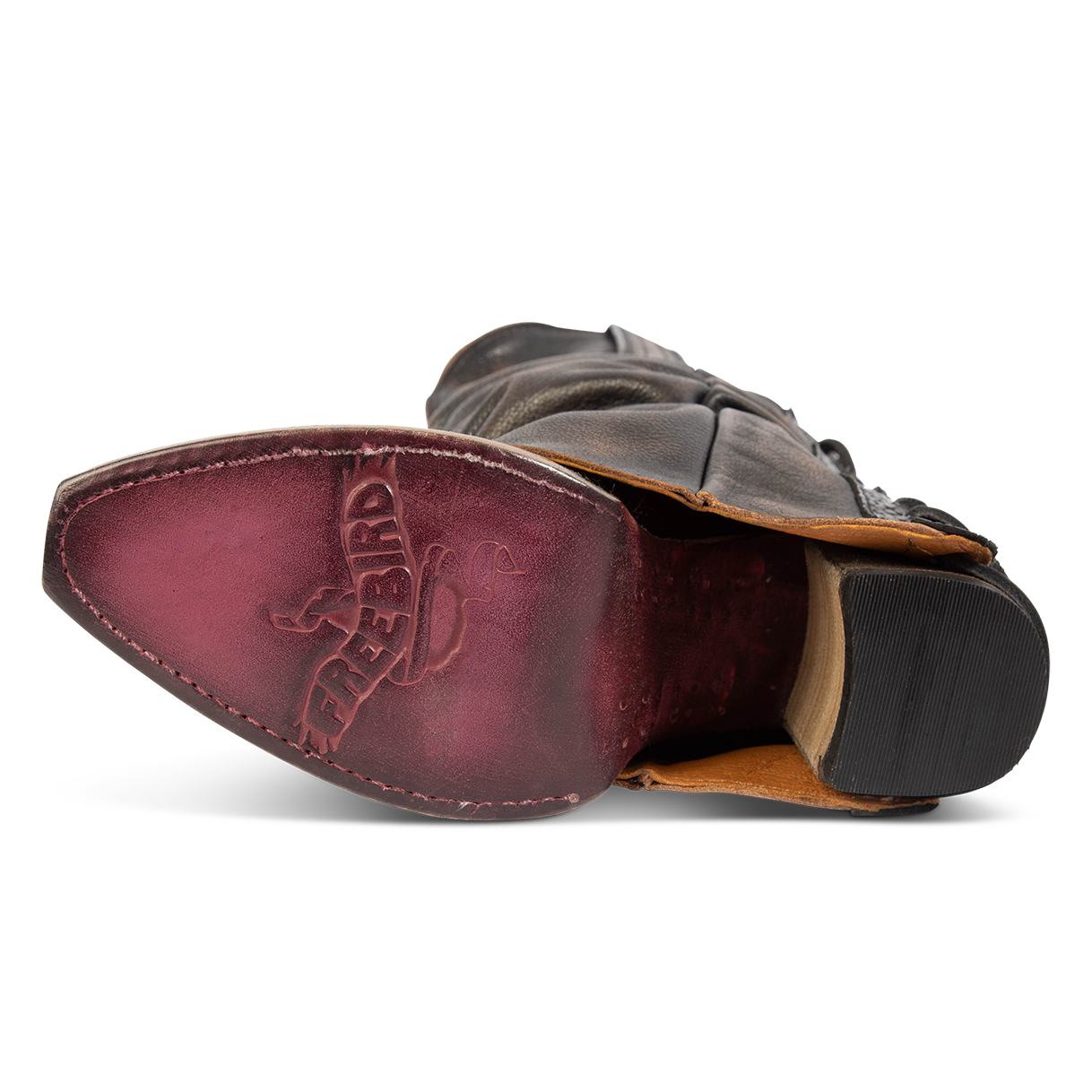 Leather sole imprinted with FREEBIRD on women's Jules black leather high flare heel western boot