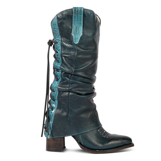 FREEBIRD women's Jules blue leather high flare heel western boot with stitch detailing and back lacing