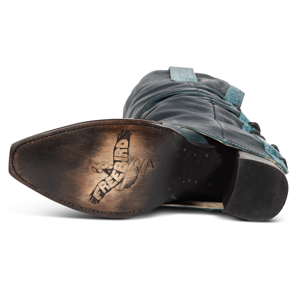 Leather sole imprinted with FREEBIRD on women's Jules blue leather high flare heel western boot