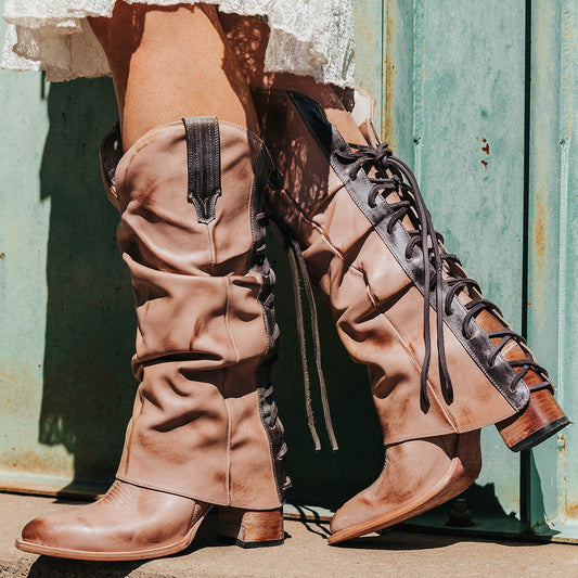 FREEBIRD women's Jules blush leather high flare heel western boot with stitch detailing and back lacing