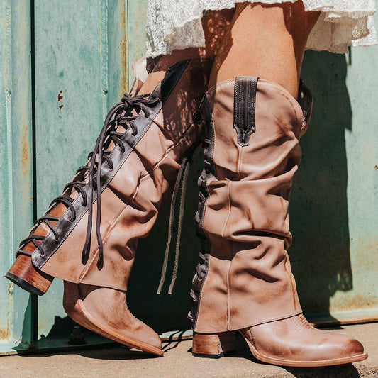 FREEBIRD women's Jules blush leather high flare heel western boot with stitch detailing and back lacing