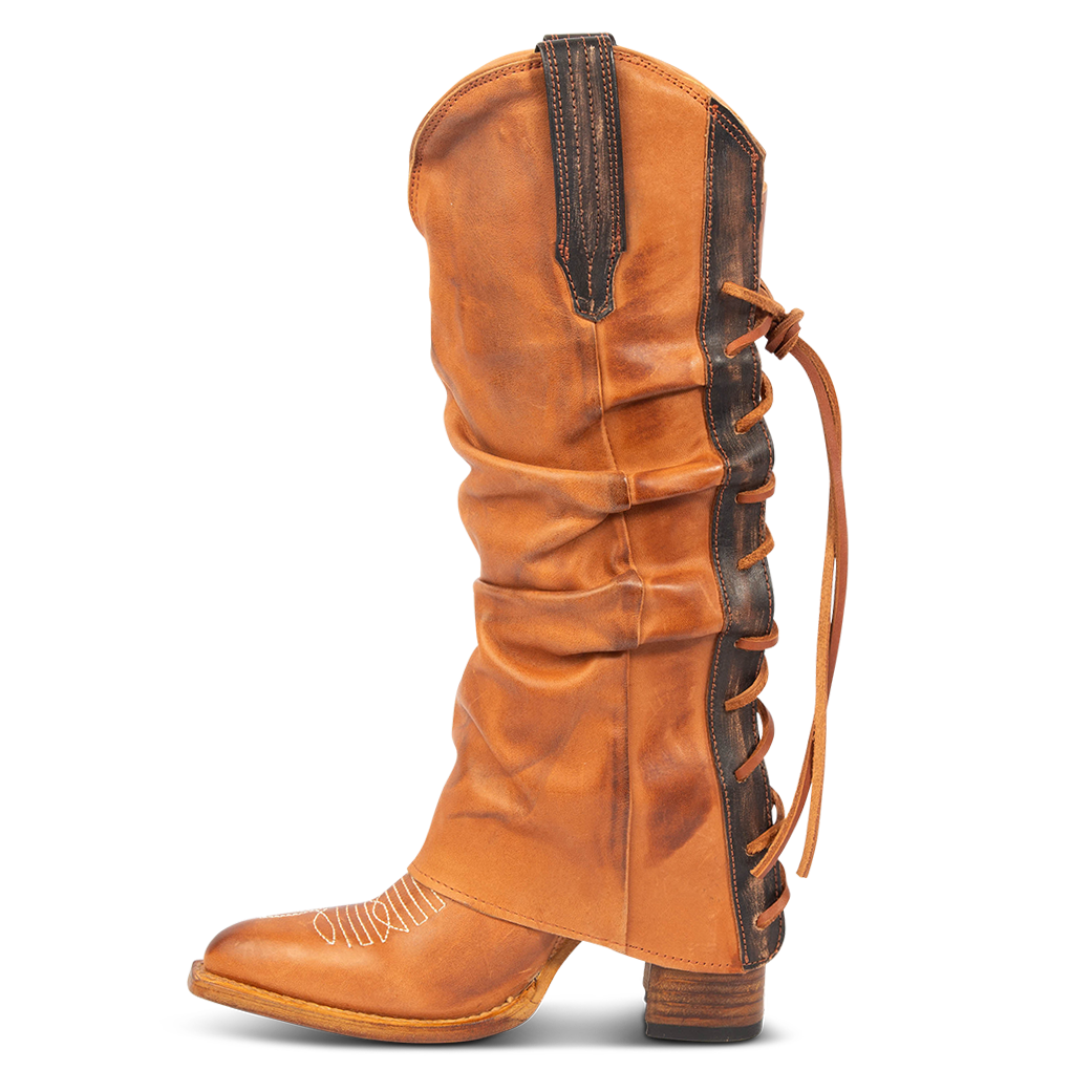 Front view showing relaxed overlay and pull strap on FREEBIRD women's Jules cognac leather high flare heel western boot