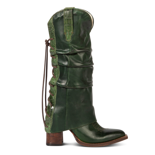 FREEBIRD women's Jules green leather high flare heel western boot with stitch detailing and back lacing