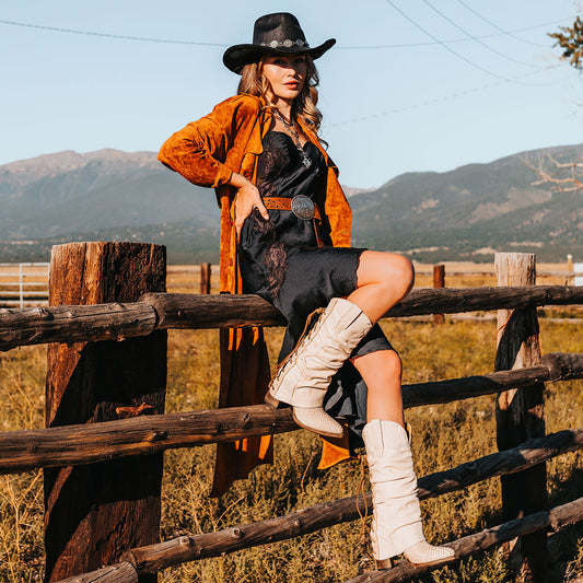 FREEBIRD women's Jules white snake leather high flare heel western boot with stitch detailing and back lacing lifestyle image