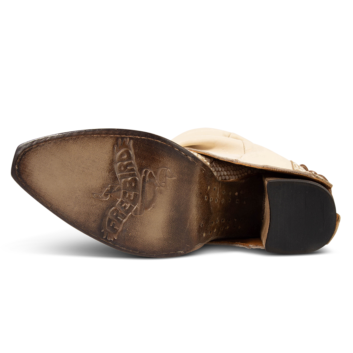 Leather sole imprinted with FREEBIRD on women's Jules white snake leather high flare heel western boot