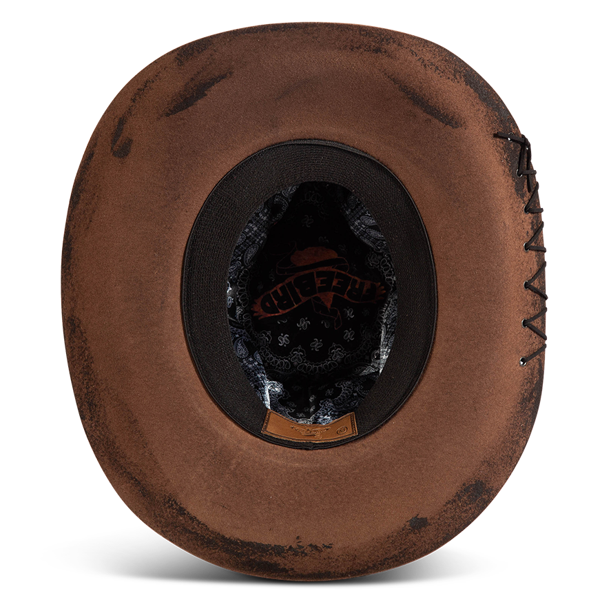 Bottom view showing FREEBIRD Kit brown wool hat with an inner elastic sweatband