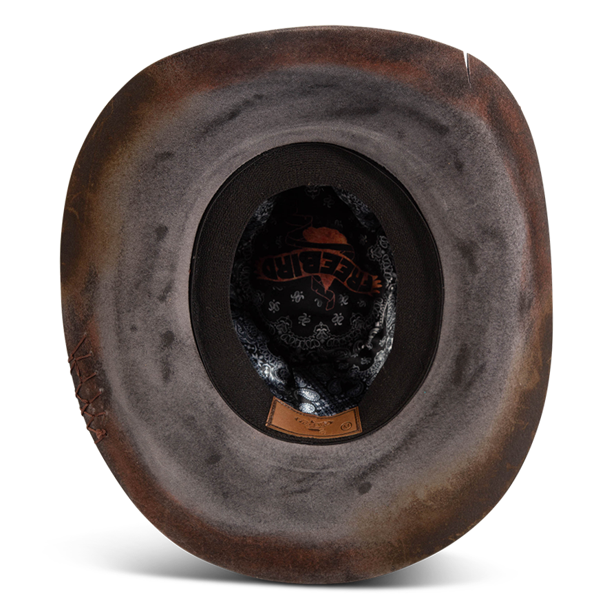 Bottom view showing FREEBIRD Knox blue wool hat with an inner elastic sweatband