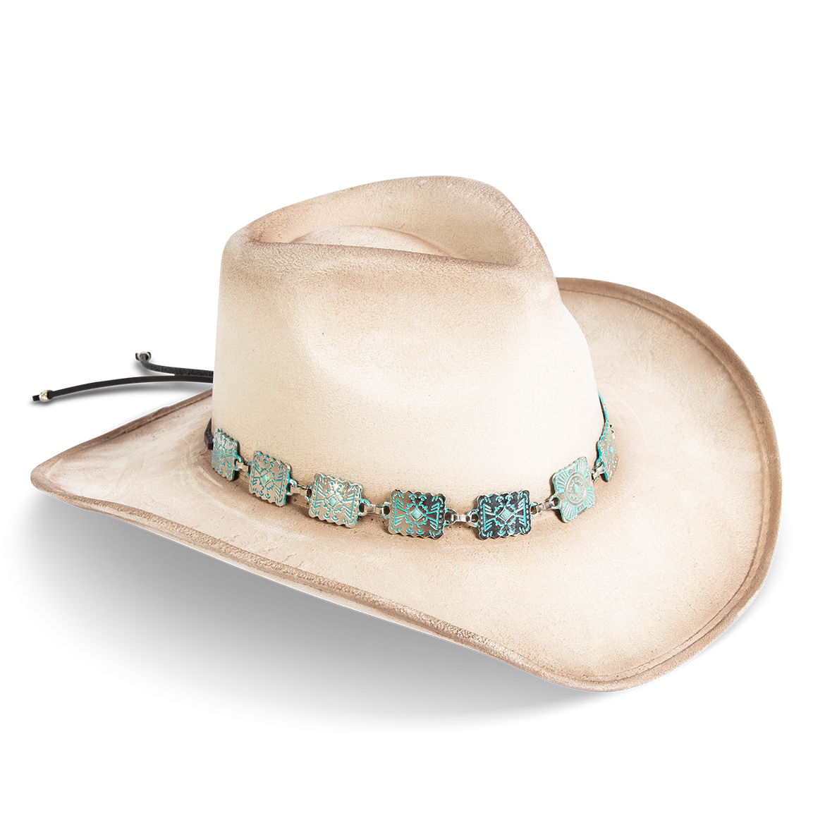 Side view showing FREEBIRD Lasso beige faux suede hat with a tear-drop crown and upturned brim