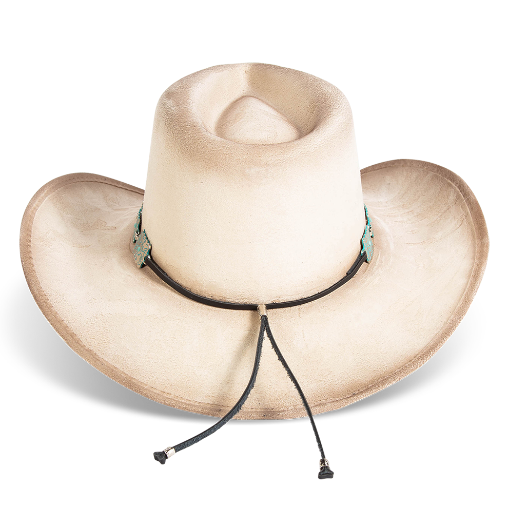 Back view showing FREEBIRD Lasso beige faux suede hat with a tear-drop crown and upturned brim