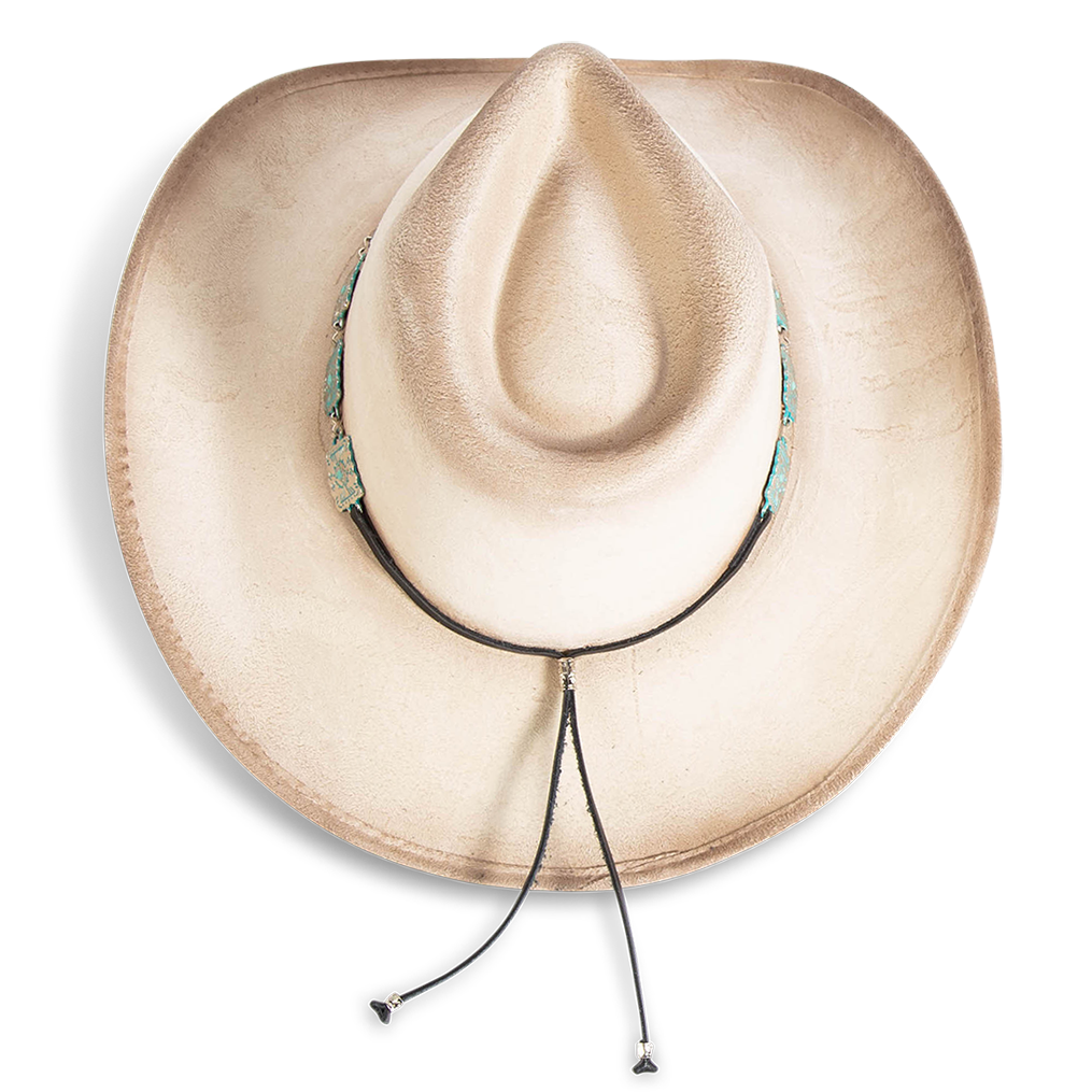 Top view showing FREEBIRD Lasso beige faux suede hat with a tear-drop crown and upturned brim