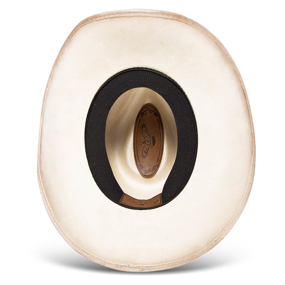 Bottom view showing FREEBIRD Lasso beige faux suede hat with an inner elastic sweatband