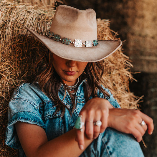 FREEBIRD Lasso beige faux suede hat with a tear-drop crown and upturned brim
