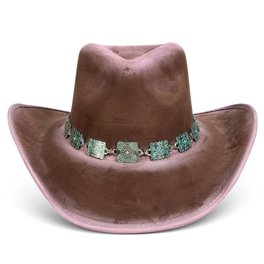 FREEBIRD Lasso pink distressed western hat featuring teardrop crown, upturned-brim, and turquoise metal band