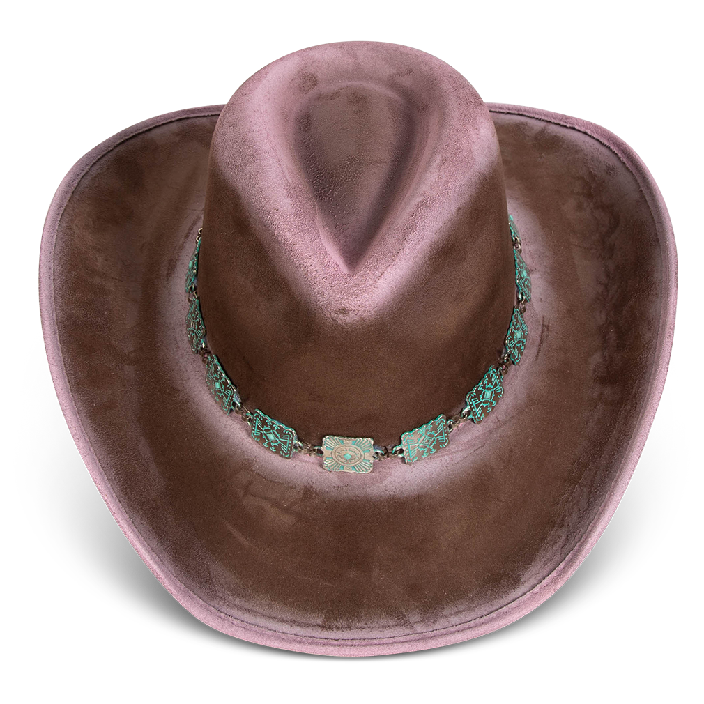 Top view showing FREEBIRD Lasso pink faux suede hat with a tear-drop crown and upturned brim