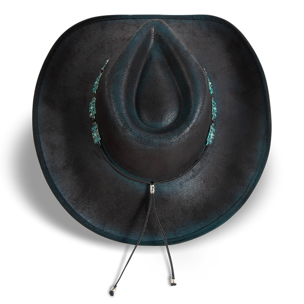Top view showing FREEBIRD Lasso turquoise faux suede hat with a tear-drop crown and upturned brim