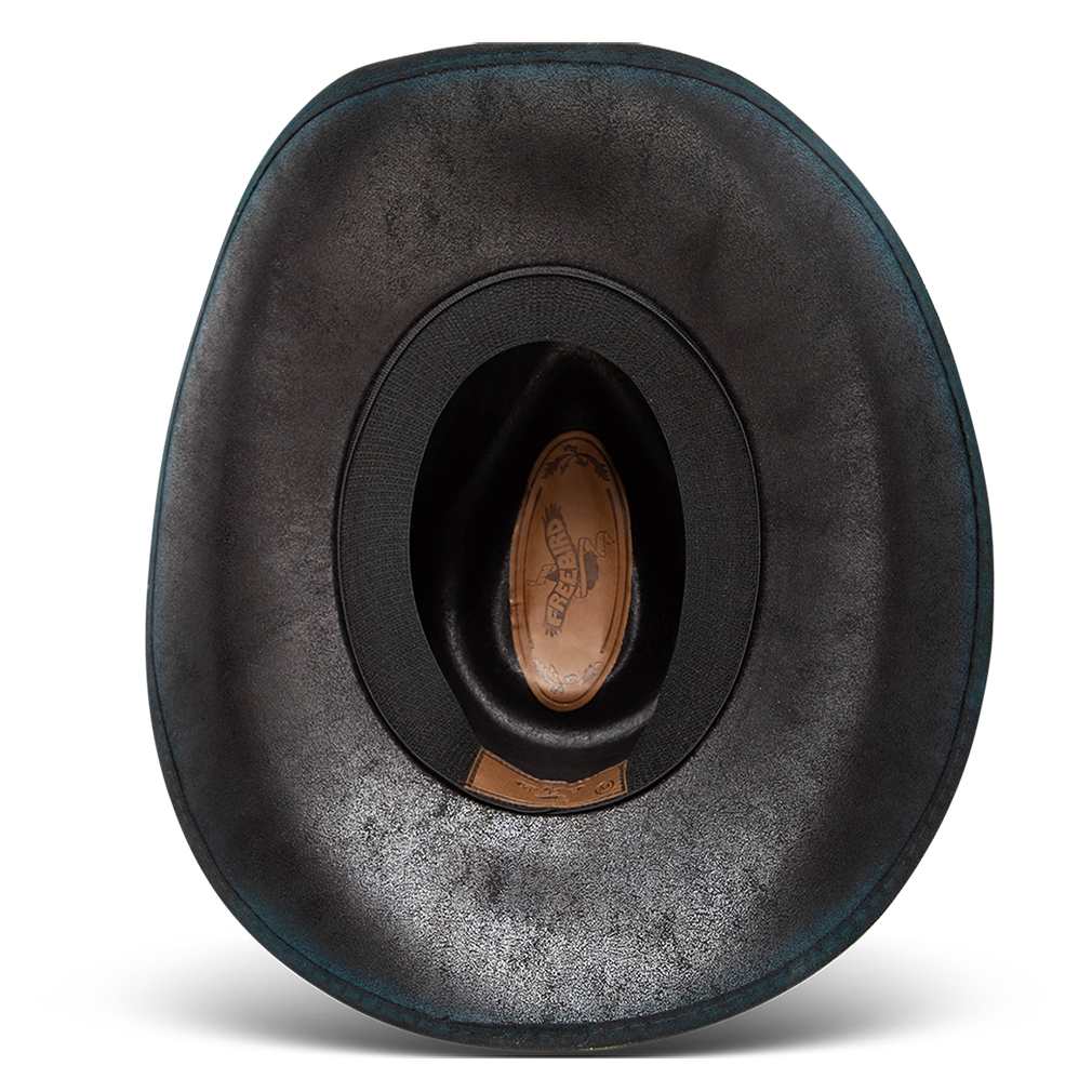 Bottom view showing FREEBIRD Lasso turquoise faux suede hat with an inner elastic sweatband