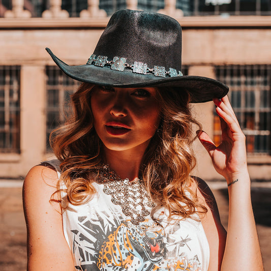 FREEBIRD Lasso turquoise faux suede hat with a tear-drop crown and upturned brim lifestyle