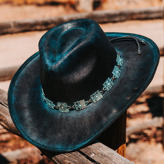 FREEBIRD Lasso turquoise faux suede hat with a tear-drop crown and upturned brim