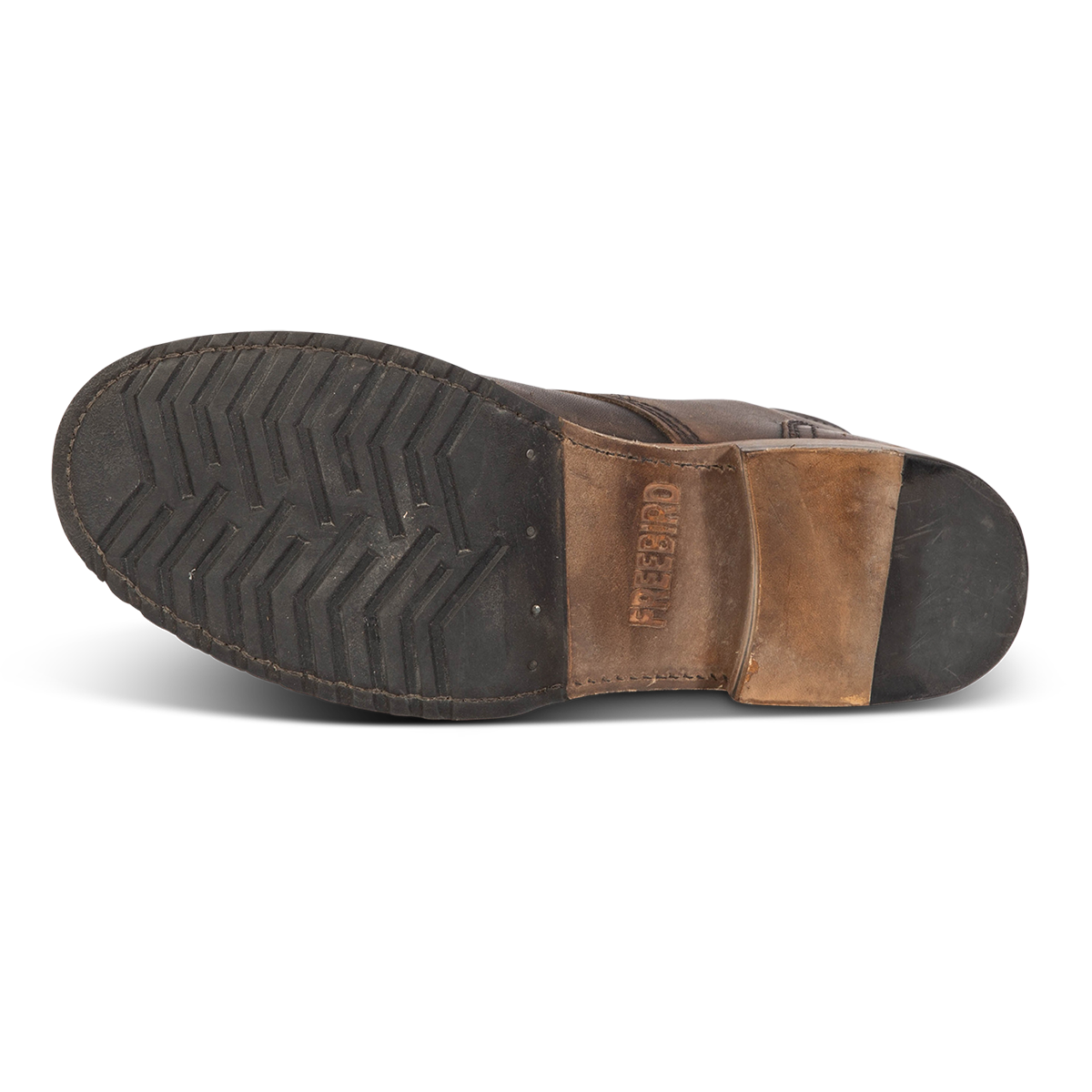 Rubber and leather sole imprinted with FREEBIRD on men's Leavenworth black distressed leather boot