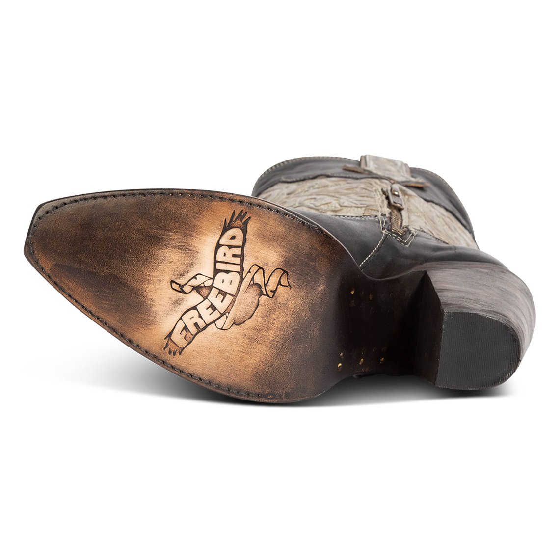 Leather sole imprinted with FREEBIRD on women's Loretta black leather boot