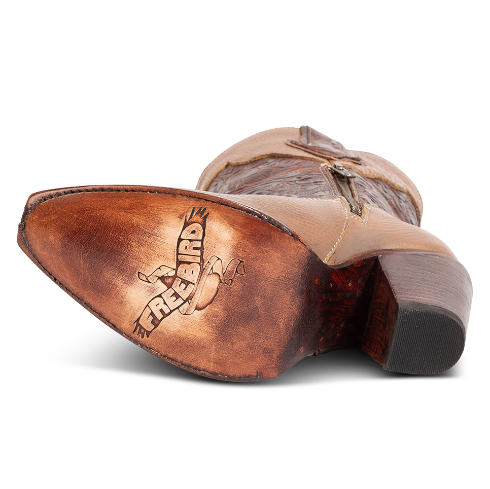 Leather sole imprinted with FREEBIRD on women's Loretta clay leather boot